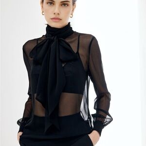 Elegant Black Sheer Bow Blouse